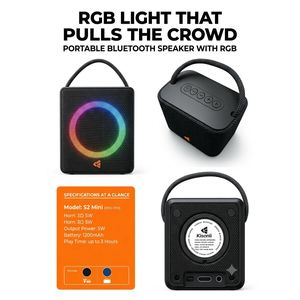 Kisonli S2 Mini Portable Wireless Speaker with RGB Lights, 5W Output & 1200mAh Battery Black 