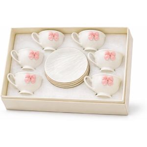 طقم أكواب شاي وقهوة من الخزف الأبيض مع أطباق، مزين بفيونكة وردية، 200 مل، 6 أكواب و 6 أطباق