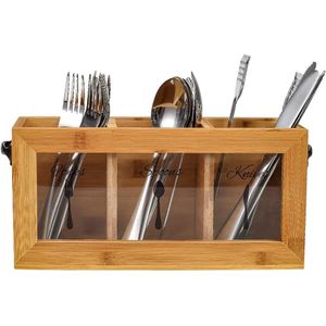 حامل ادوات تناول الطعام من الخيزران صندوق تخزين المائدة منظم الفضية للشوك والملاعق والسكاكين مثالي لسطح المطبخ