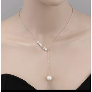 Pink Women's Necklace Of Off-White Pearls with Silvery Chain  