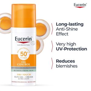 Eucerin Euceriin Face Sunscreen Oil Control Gel-Cream Dry Touch, High UVA/UVB Protection, SPF 50+, Light Texture Sun Protection, Suitable Under Make-Up, For Oily Acne-Prone Skin, 50ml