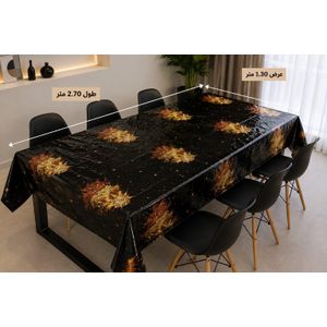 A glossy black plastic tablecloth with luxurious gold patterns, elegant design, 2.70 * 1.30 meters, liquid resistant, protecting the table from stains and moisture.
