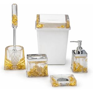 Luxury Bathroom Accessories Set, Clear with Gold Foil, 5 Piece Set Includes Soap Dispenser, Toothbrush Holder, Soap Dish, Trash Can