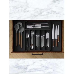 منظمات فضية لادراج المطبخ، منظم ادراج ادوات تناول الطعام قابل للتوسيع، حامل ادوات مائدة بلاستيكي قابل للتعديل، للاواني الفضية وادوات المائدة الاسود