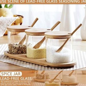 طقم برطمانات زجاج مع حامل ومعالق مكون من 3 قطع، مناسب للتوابل والشاي، لون خشبي وشفاف