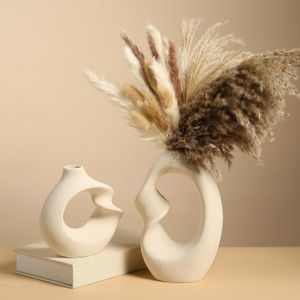 Unique White Ceramic Vase Set of 2 for Modern Home Decor,Minimalist Nordic Boho Ins Style Centerpieces,Round Matte Pampas Vase,Art Aesthetic Donut Decorations for Room Office and Farmhouse