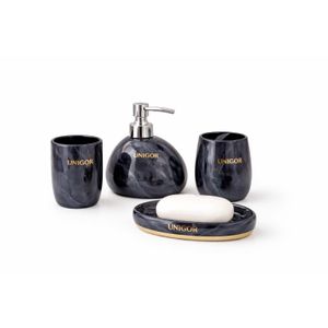 طقم اكسسوارات حمام رخامي فاخر 4 قطع – تصميم مودرن باللون الرمادي مع كتابة ذهبية