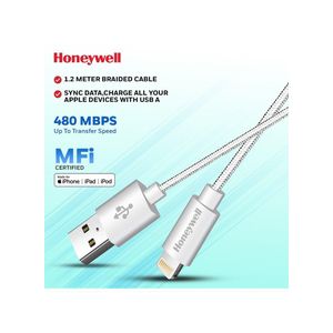 Honeywell Iphone Lightning Cable 1.2Mtr Mfi Certified Compatible With Iphone 14/13/12/11 Series Ipad Ipod Upto 480Mbps Transfer Speed Braided Silver Silver