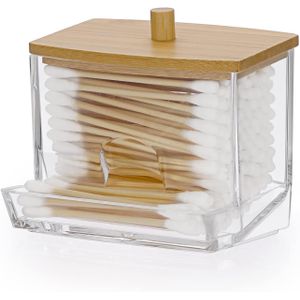 Cotton Swab Holder, Bathroom Cotton Swab Dispenser, Cotton Swab Dispenser with Bamboo Lid, Makeup Organizer Box for Cotton Swabs and Cosmetics