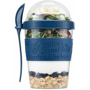 طقم اكواب زبادي مع غطاء وملعقة قابلة لاعادة الاستخدام خالية من البيسفينول ايه بسعة 600 مل، اوعية للافطار للشوفان والحبوب والفواكه، حاويات تخزين محمولة للغداء مصنوعة في تركيا (ازرق كحلي)