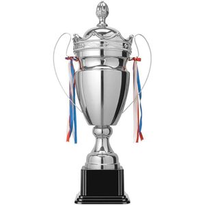 كأس بطولة معدني مطلي بالفضة الفاخرة مع غطاء وتفاصيل تاج - كؤوس بطولات للمسابقات والفعاليات الرياضية - متوفر بقاعدة سوداء متينة (54 سم)