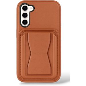 جراب حماية خلفي من الجلد مقاوم للصدمات مزود بحامل صغير وجيب للكروت من الجلد الصناعي متوافق مع موبايل سامسونج جالاكسي S23 Fe، بني