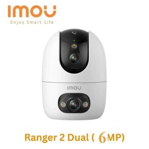 Imou mobile-connecting dual-lens Wi-Fi indoor surveillance camera with 6MP ultra-clear resolution, 360-degree pan and tilt capability, and wide coverage.