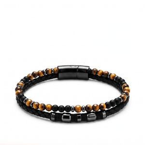 Men's Stainless Steel Magnetic Clasp Genuine Leather and Natural Stone Bracelet