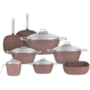 Saflon طقم جرانيت مربع بمقبض من الفولاذ المقاوم للصدأ (4 حلل 18-20-24-28 سم، طاسة قلي 24 فرن 28 لبانة 16 شواء سافلون، لون بني فاتح، 13 قطعة، مصقول