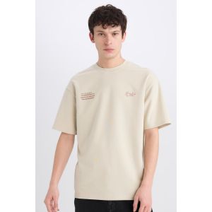 Defacto Man Crew Neck Boxy Fit Short Sleeve T-Shirt - Stone