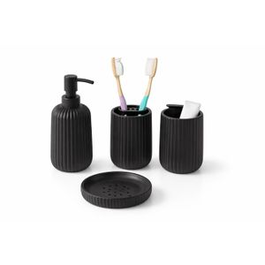 طقم اكسسوارات حمام سيراميك 4 قطع – موزع صابون + حامل فرش + كوب + صابونة – تصميم عصري أنيق