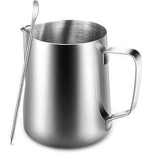 Creamer, Milk Pitcher 350ml,12 fl.oz. Stainless Steel Milk Jug for Frothing During Cappuccino and Milk Coffee, Silver 9 * 7.5cm 12 oz with measurement markings
