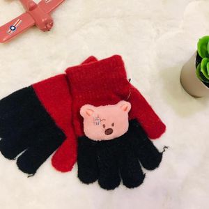 1pair Children Winter Knitting Gloves, Bowknot Bear Plush Soft Five Finger  Gloves, Boys Girls Warm Gloves