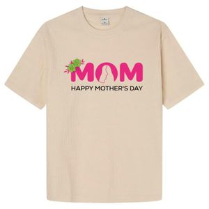 Happy Mother's Day T-Shirt, Beige, MOM Graphic Print with Flowers, Short Sleeve