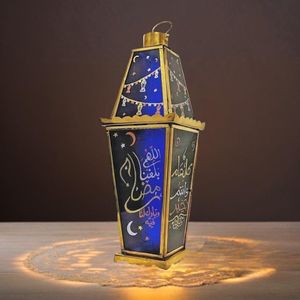 Ramadan Lantern Long Square Handmade Brass Colorful Glass Hand Painted Lantern for Lighting with Candle or Electricity