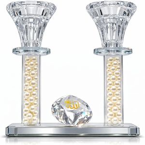 حامل شموع كريستال فاخر مع لؤلؤ وقطعة ماسة محفور عليها لفظ الجلالة الله، ديكور منزلي روحاني أنيق