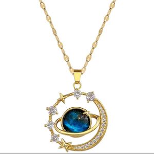 3Diamonds Exquisite Starry Sky Planet Light Luxurious Temperament Gorgeous Necklace Stars and Moon Versatile Stainless Steel Clavicle Chai