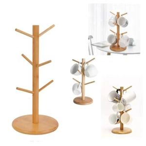 Premium Bamboo Wooden Mug Tree Holder - 6 Hooks Coffee Cup Organizing Stand for Kitchen Countertop & Coffee Corner