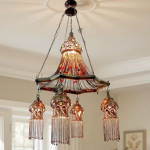 BR208 Gypsy Brass Chandelier 5-Light Boho Pendant Lamp w/Chains & Gem Accents