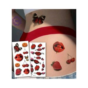 Cherry tattoo lasts 14 days, pack of two pieces of waterproof temporary tattoo with a realistic design for women, elegant English phrases, flowers with a bow, and and lips elements