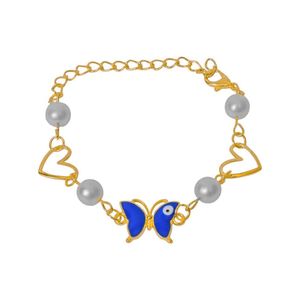 3Diamonds Stainless Steel Bracelet with Synthetic Pearl Cloves and Butterfly Pendent for Women - White Blue