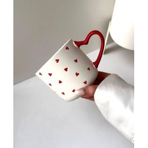 Porcelain Mug with Heart Pattern, Heart-Shaped Handle, White with Red Hearts, Coffee Tea Cup .ka