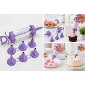 Cake Decorating Syringe Kit with 6 Icing Nozzles – Reusable Cake & Cupcake Frosting Decorator – Plastic Cookie Press & Pastry Decorating Set for Cakes, Cookies, Cupcakes & Desserts – Made in Turkey – Purple 