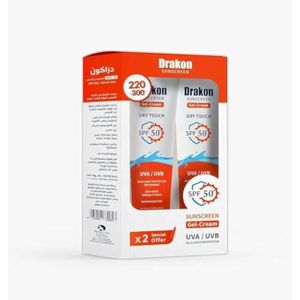 Drakon جل كريم واقي من الشمس بعامل حماية من الشمس 50 (1+1) بروموباك  حماية من الأشعة فوق البنفسجية  مقاوم للماء ومضاد للأكسدة  لجميع أنواع البشرة خاصة للبشرة الدهنية والمختلطة من ، 60 جم + 60 جم