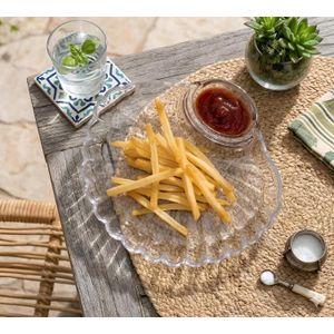 Appetizer Platter - Unique glass serving bowl with shell texture and attached dipping cup, designed to display assorted foods including roasted nuts, seasonal fruits, raw veggies, saltine crackers, ho
