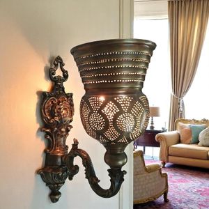 BM4 Vintage Brass Wall Sconce, Ornate Egyptian Style, Pierced Metal Light Fixture with Bell-Shaped Shade