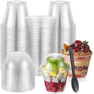 50Pcs Plastic Dessert Cups with Dome Lids, 270ml Round Dessert Cup Clear Parfait Appetizer Cup Reusable Serving Bowl with Sporks for Desserts Pudding Mousse Party (9.5cm x 7cm)