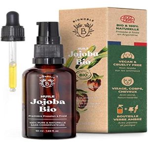 زيت الجوجوبا العضوي من بيو نوبل 100% نقي وطبيعي ومعصور على البارد للوجه والجسم والشعر واللحية والأظافر نباتي وخالي من القسوة زيت جوجوبا زجاجة مع قطارة ومضخة (50 مل)