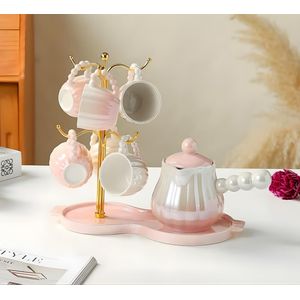  طقم قهوة + كانكة بورسلين لاستر 7 قطعه + إستاند ذهبي- مستورد