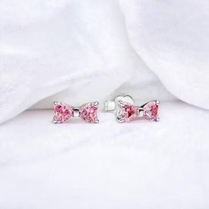 Sparkling Pink Zircon Bow Stud Earrings - 925 Sterling Silver