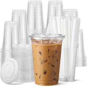 Aozita عبوة من 100 كوب بلاستيكي سعة 20 أونصة مزودة بصنابير وأكواب شفافة، أكواب قهوة شفافة أيام الجمعة، أكواب قهوة، كوب ماء، خالية من مادة BPA