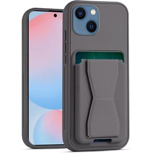 جراب جلدي متوافق مع آيفون 13 وآيفون 14، مقاوم للصدمات، مزود بجيب خلفي من الجلد لتخزين البطاقات وحامل مدمج، مصنوع من جلد البولي يوريثان لمظهر أنيق وقبضة مريحة (رمادي).