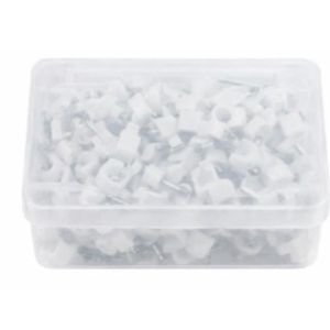 A box of clips (wire fasteners). These clips are primarily used