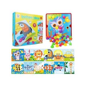 "Button Idea" Button Matching Game for Kids (New & Improved Version) – Includes 12 Design Cards and 46 Colorful Buttons – Develops Motor Skills and Color Recognition – For Ages 3 and Up (Parrot)