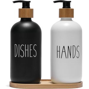 Glass Soap Dispenser Set, Dish Soap Dispenser for Kitchen Sink, Hand Soap Dispenser for Bathroom with Bamboo Pump and Soap Tray, Farmhouse Home Decor (A-Black + White)