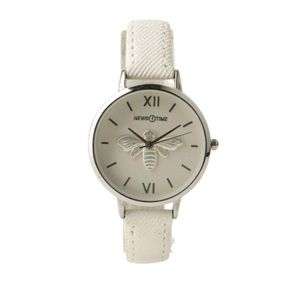 Ibso ساعة يد نسائية بيضاء بسوار جلد، مينا بيضاء مزخرفة بأرقام ذهبية، إطار ذهبي وحركة كوارتز