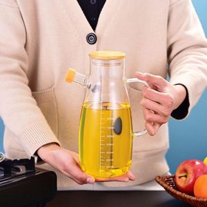 Premium Glass Oil & Vinegar Dispenser Bottle with Measuring Scale and Wooden Lid – Leakproof Kitchen Oil Container