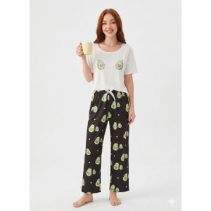 Women's 2-Piece Avocado Print Pajama Set – Short Sleeve T-Shirt & Long Pants – Soft Cotton Feel – Green & White