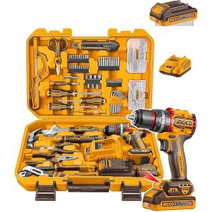 Ingco 166-piece home tool set with a 1×20V cordless hammer drill, 2.0 Ah lithium-ion battery, charger, hand tools, storage bag, HKTHP41662