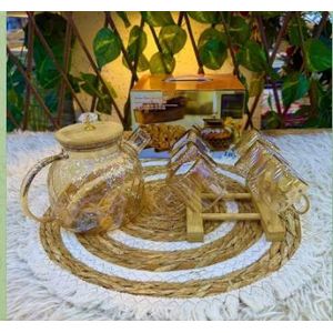 Bohemian 7-Piece Glass Teapot Set with Wooden Lid & Crystal Knob, 6 Amber Glass Mugs & Bamboo Stand - Heat Resistant Borosilicate Glass